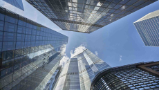 Bottom-up view of a cluster of skyscrapers