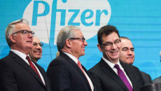 Pfizer CEO Albert Bourla rings the closing bell of the New York Stock Exchange.