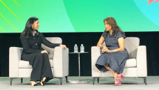 Dr. Sumbul Ahmad Desai (right), VP Health and Fitness, Apple, speaks with moderator Dr. Amy Bhatt, chief innovation officer at the American College of Cardiology during a keynote session at HIMSS26 on Wednesday.