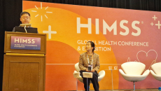 Seung Ho Lim, project manager for Samsung Medical Center in Korea, and Meong Hi Son, Samsung’s chief medical information officer and associate professor, speak at HIMSS25 in Las Vegas on Tuesday.