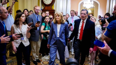 Sen. Lisa Murkowski (R-AK) and Sen. John Barrasso (R-WY) in the Capitol after the Senate vote-a-rama on July 1.