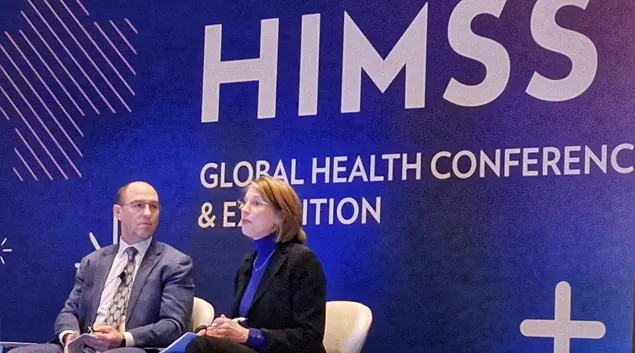 Tom Leary, senior vice president and head of Government Relations at HIMSS, and Janet Hamilton, executive director, CSTE, at the HIMSS25 conference in Las Vegas Monday. Tom Leary, senior vice president and head of Government Relations at HIMSS, and Janet Hamilton, executive director, CSTE, at the HIMSS25 conference in Las Vegas Monday.
