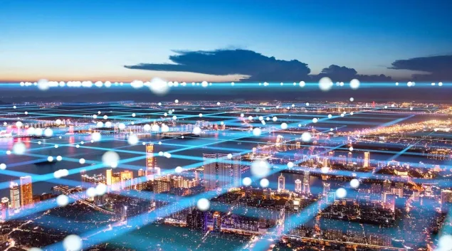 Computer networks stretching across a cityscape