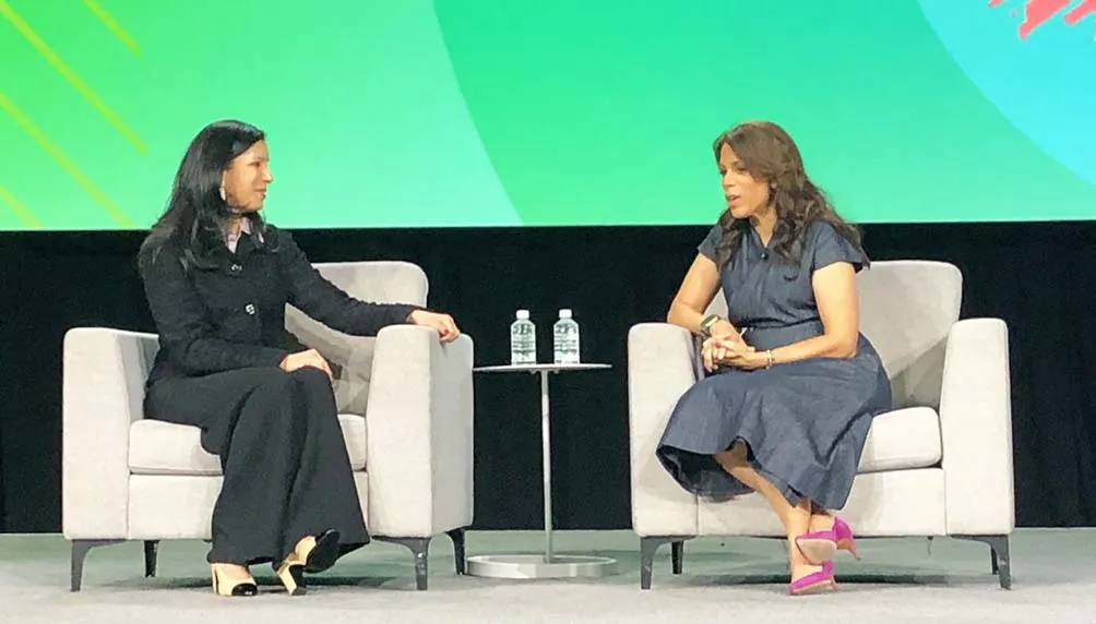 Dr. Sumbul Ahmad Desai (right), VP Health and Fitness, Apple, speaks with moderator Dr. Amy Bhatt, chief innovation officer at the American College of Cardiology during a keynote session at HIMSS26 on Wednesday.