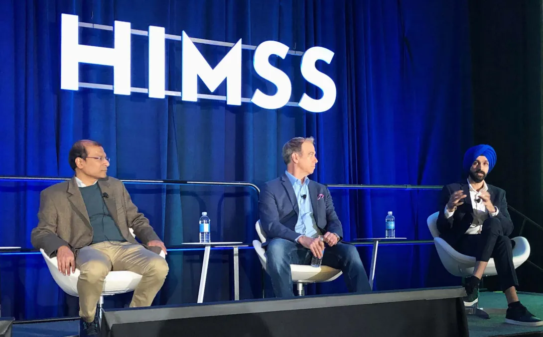 Bratin Saha of AWS, Keith Dreyer of Mass General Brigham and Parminder Bhatia of GE HealthCare, talk at HIMSS24.