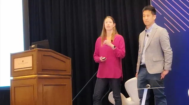 Dr. Bronwyn Harris, chief transformation officer for CareEvolution, and Dr. Matthew Sakumoto, CMIO of Sutter West Bay Region, speak at HIMSS25 in Las Vegas on Tuesday.