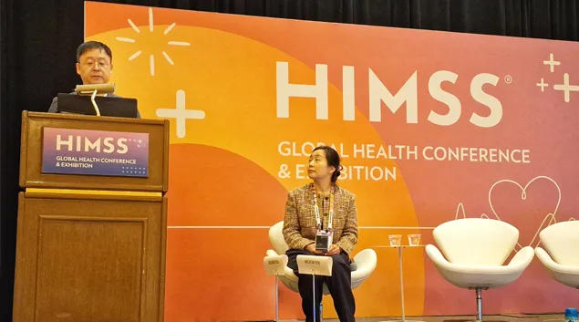 Seung Ho Lim, project manager for Samsung Medical Center in Korea, and Meong Hi Son, Samsung’s chief medical information officer and associate professor, speak at HIMSS25 in Las Vegas on Tuesday.