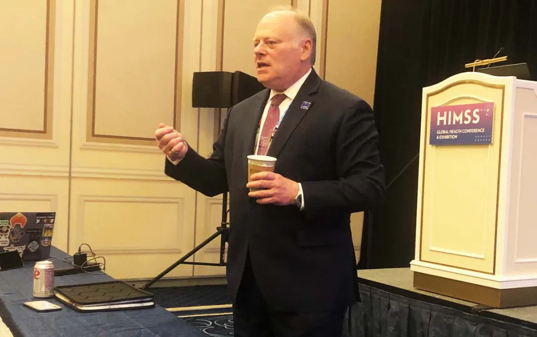 HIMSS President and CEO speaks at press conference during HIMSS25