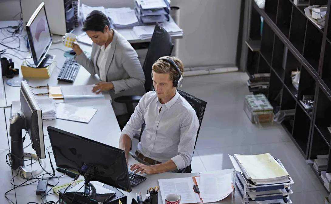 Workers at a desk