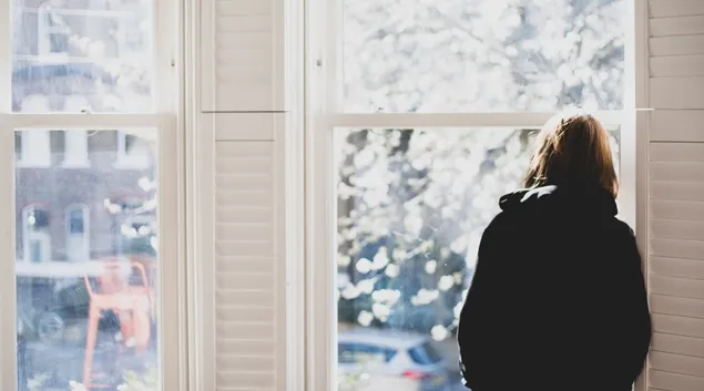 Person looking forlornly out window