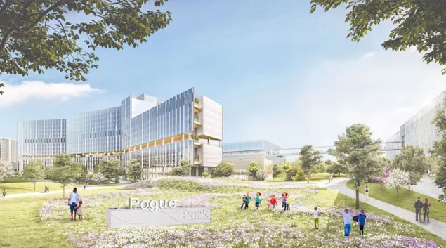This rendering shows the 33-acre site for the new Dallas pediatric campus that will be named Pogue Park in recognition of a $100M gift from the Pogue family.